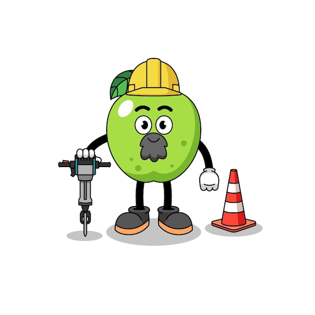 Character cartoon of green apple working on road construction character design