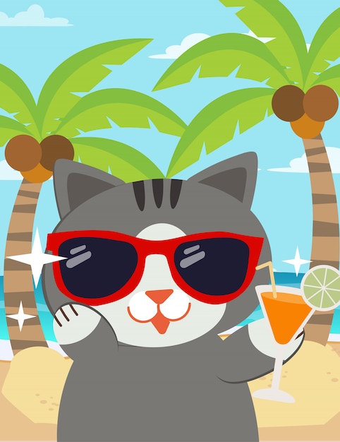 Vector a character cartoon of happy cat with sun glasses at the beach