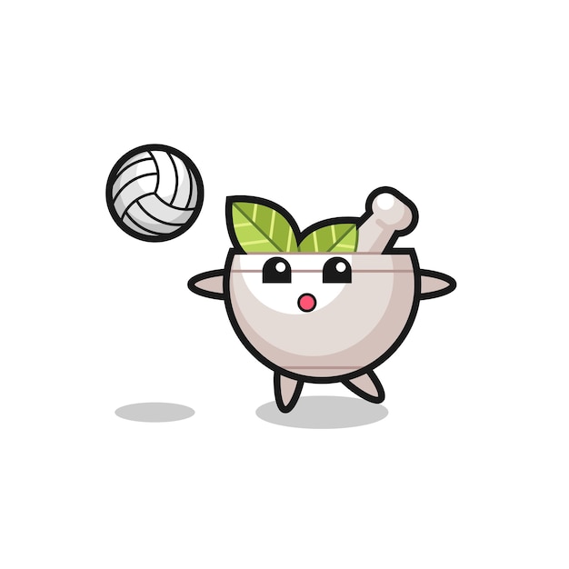 Character cartoon of herbal bowl is playing volleyball