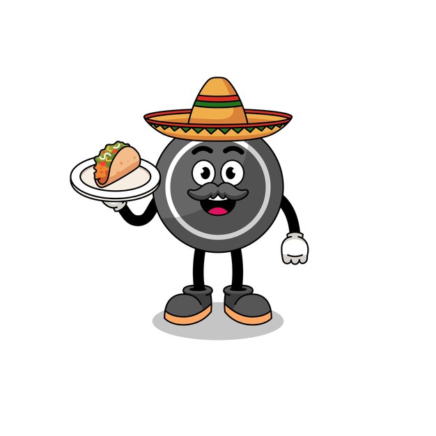 Character cartoon of hockey puck as a mexican chef character design