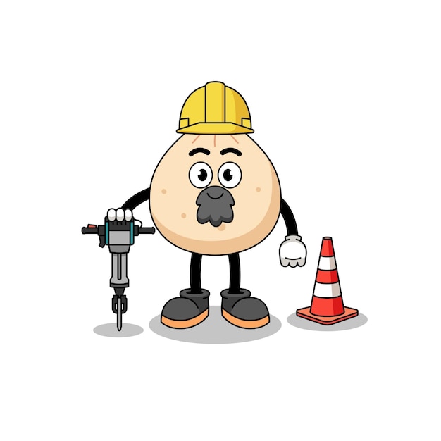 Character cartoon of meat bun working on road construction character design