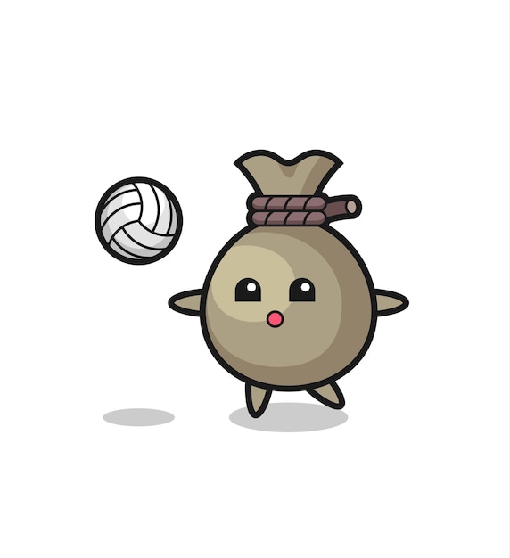 Character cartoon of money sack is playing volleyball , cute style design for t shirt, sticker, logo element