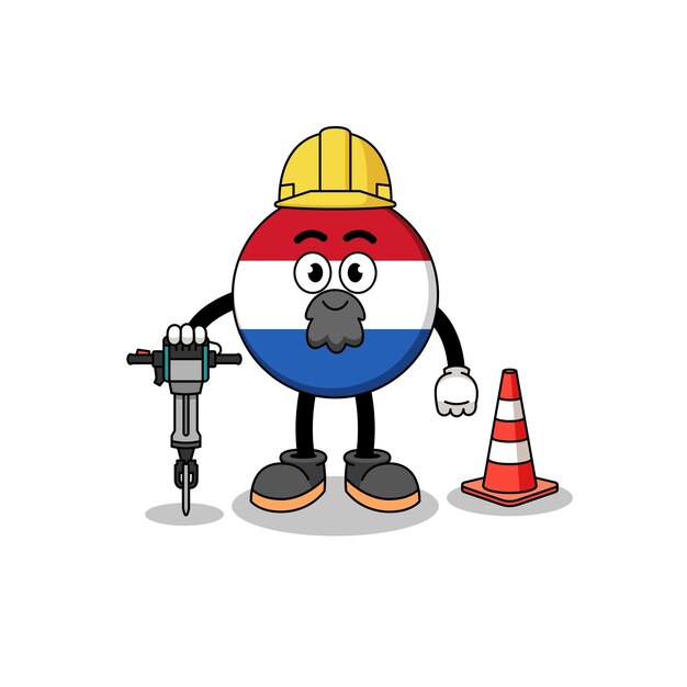 Character cartoon of netherlands flag working on road construction