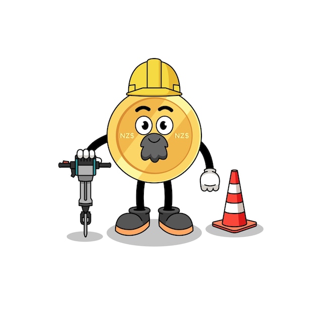 Vector character cartoon of new zealand dollar working on road construction