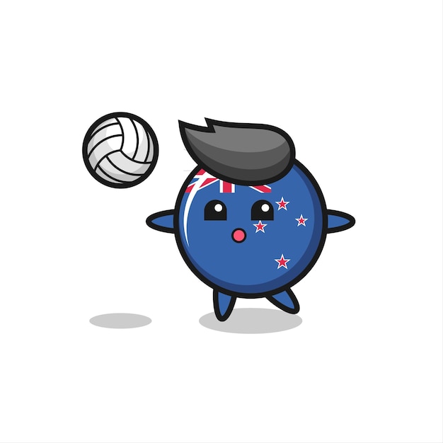 Character cartoon of new zealand flag badge is playing volleyball