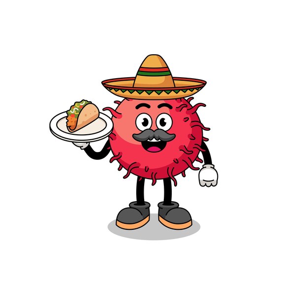 Vettore personaggio dei cartoni animati di frutta rambutan come chef messicano