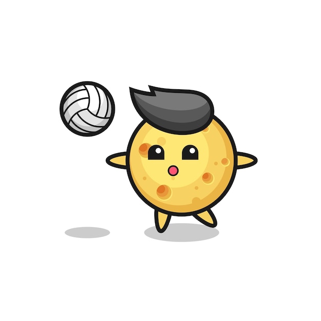 Character cartoon of round cheese is playing volleyball