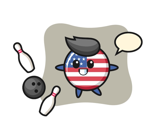 Персонаж мультфильма со значком флага сша играет в боулинг