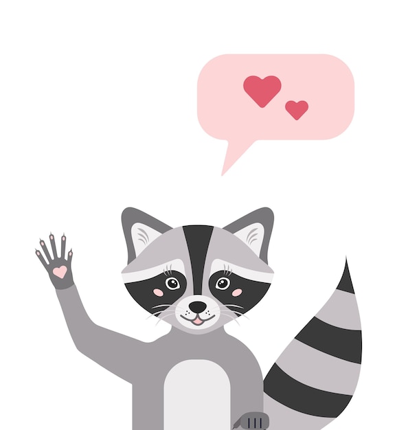 Character for children in flat style a cute raccoon waving his paw merrily vector illustration