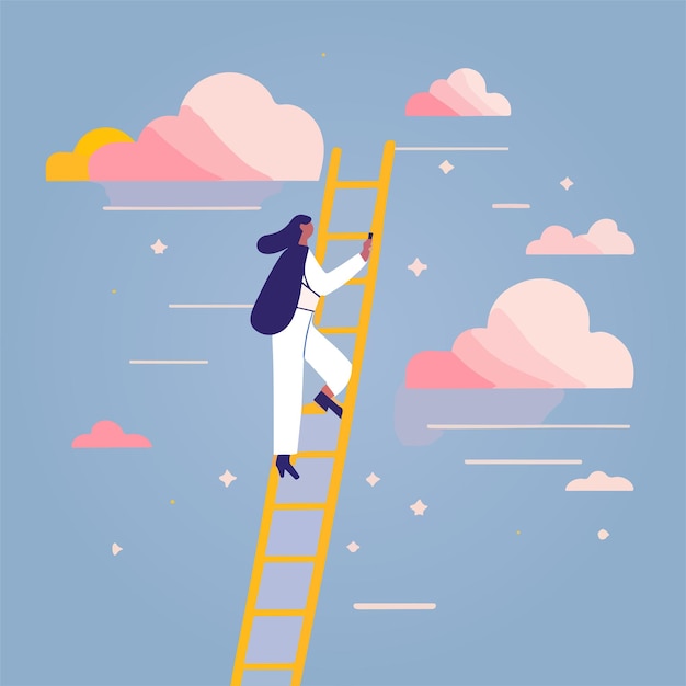 character climbing the stairs to the heavens vector illustration