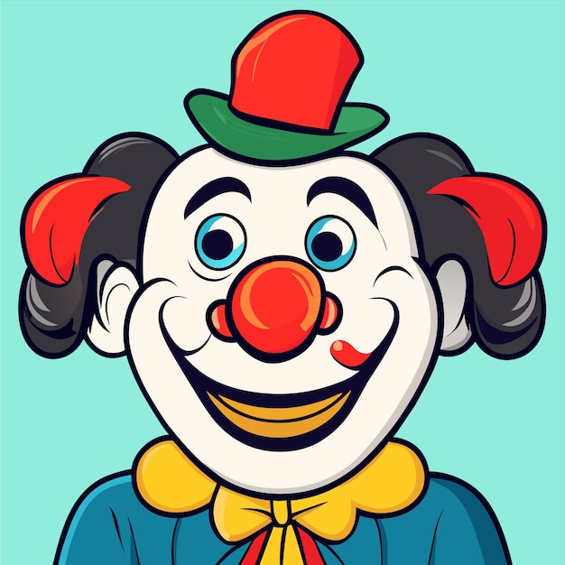 Personaggio di clown che guida una bicicletta a ruote disegnato a mano piatto elegante adesivo cartone animato concetto di icona isolato