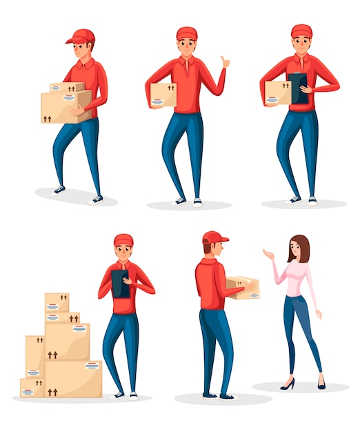 Character collection - the delivery man in different situations. cardboard boxes. courier in red uniform. cartoon character .   illustration  on white background