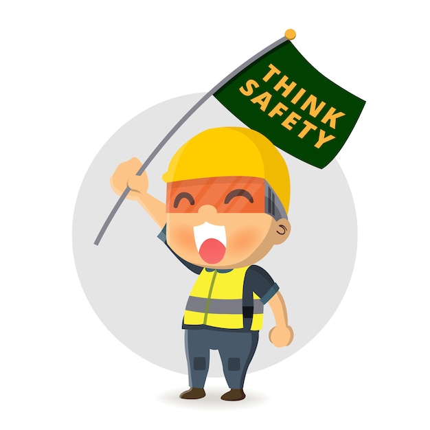 Vector character construction working hold flag think safety : safety concept on white background. illustration