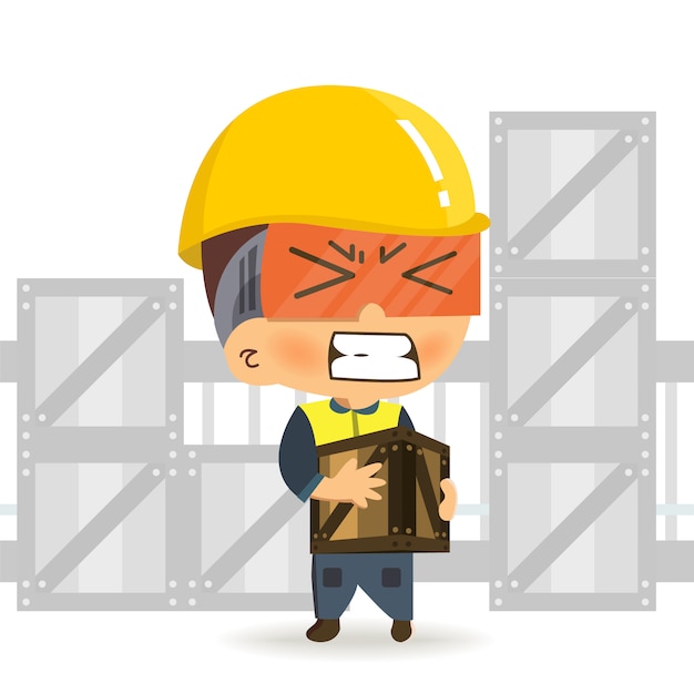 Vector character constructor worker cartoon of walking carrying heavy box and get pain from backache.