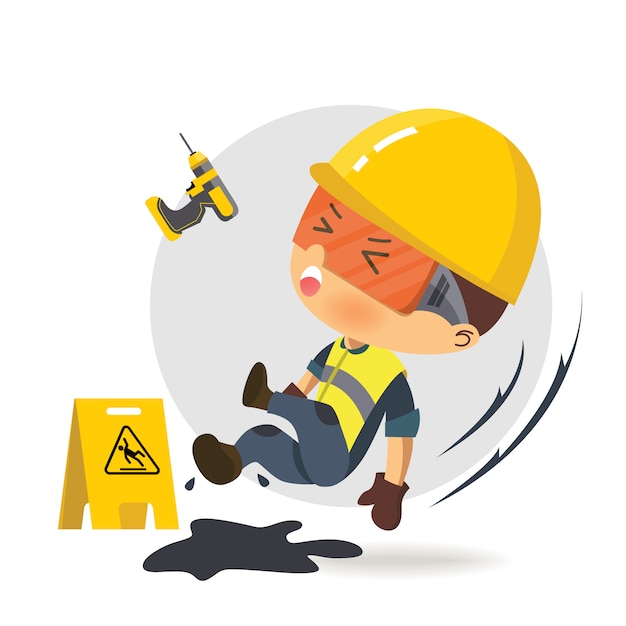 Vector character constructor worker islipping on grease.   illustration, concept : safety and accident, industrial safety.