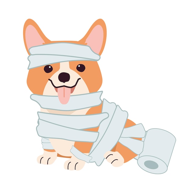 Il personaggio del cane corgi con il costume da mummia di carta igienica per il set a tema di halloween.