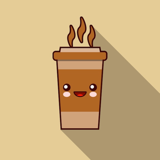 Character cup of coffee kawaii with long shadow Smiling cup of coffee Flat design Vector