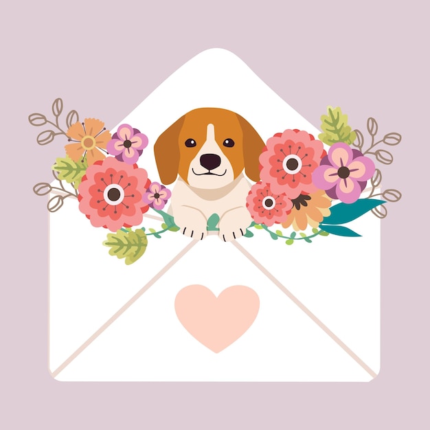 The character of cute beagle dog sitting in the letter with heart sticker and flower