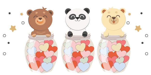 The character of cute bear garps a jar with the heart in flat
