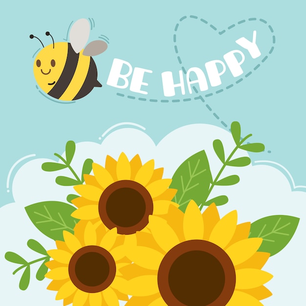 The character of cute bee flying on the sky with sunflower and text of bee happy.