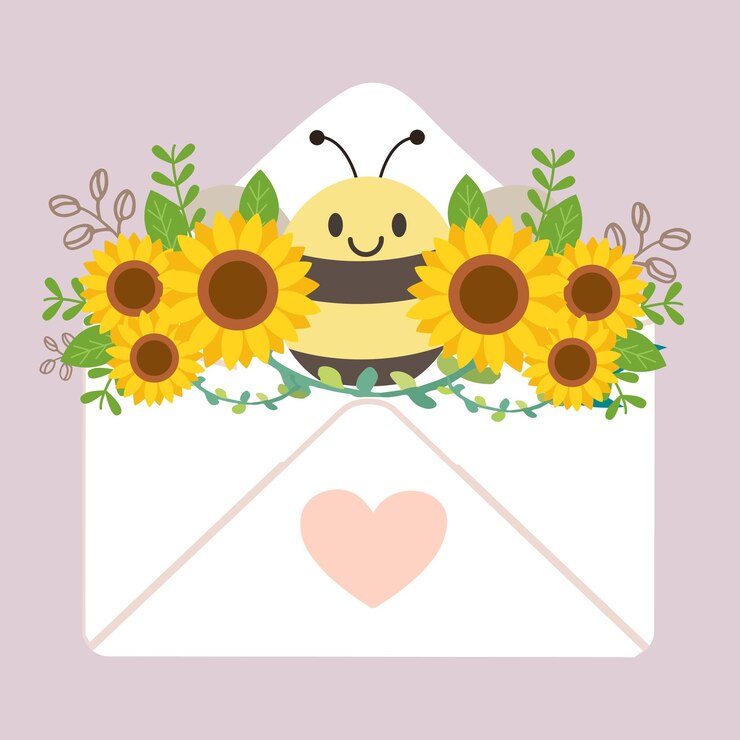 The character of cute bee in the letter with heart sunflower for valentine day
