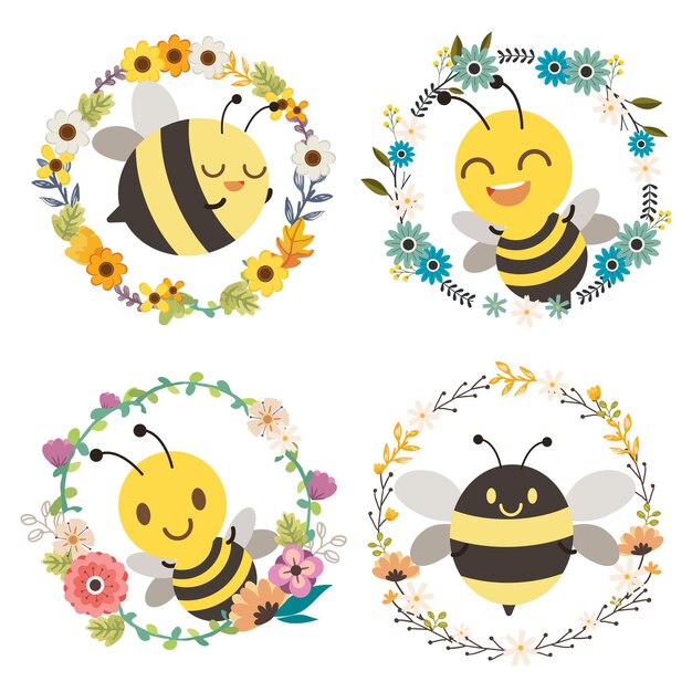 Vector the character of cute bee sitting in to the center of flower wreath
