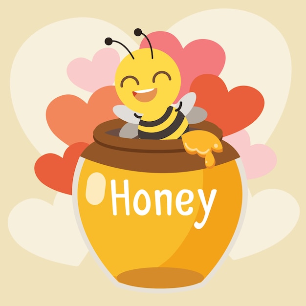 The character of cute bee sitting in the honey jar with a lot of heart