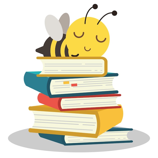 에드에 대한 평면 벡터 스타일 그림으로 책 더미에서 잠자는 귀여운 꿀벌의 캐릭터