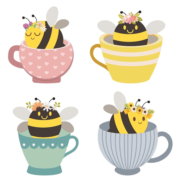 귀여운 꿀벌의 캐릭터는 컵에 꽃 왕관을 쓰고 평평한 벡터 스타일