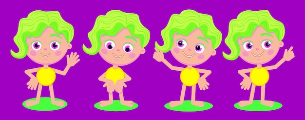 The character of a cute and bright girl shows in different directionsVector Set Of Cute Cartoon Kid