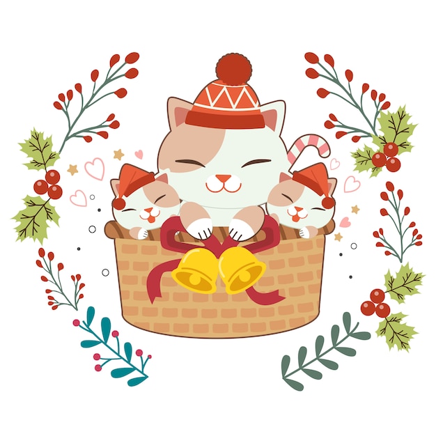 Character of cute cat and baby cats sitting in the basket