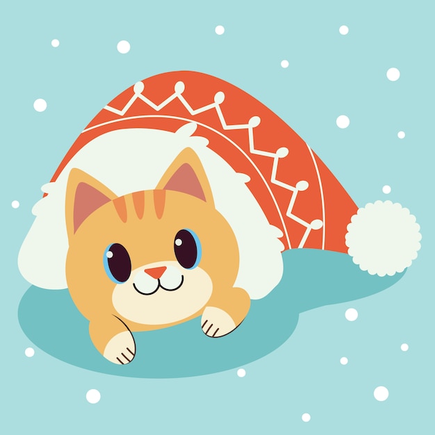 Character of cute cat in big red hat on the blue ground and white snow.