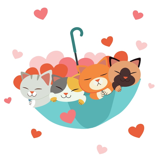 Character of cute cat and friends in the umbrella with a lot of heart on white