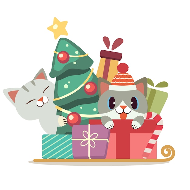 フラットスタイルのギフトボックスとクリスマスツリーのかわいい猫のキャラクター。図