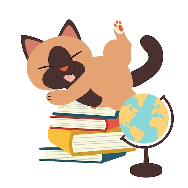本の山で遊ぶかわいい猫のキャラクター。学校に戻ることや読書が好きなことについてのイラスト