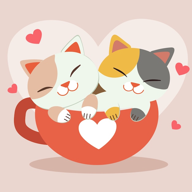 The character of cute cat sitting in the big cup with heart on pink