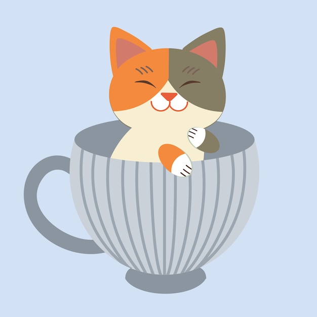 The character of cute cat sitting in the blue cup. The cat sitting in the mug cup.
