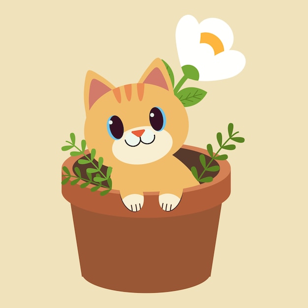 The character of cute cat sitting in the plant pot.