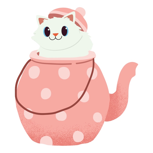 The character of cute cat sitting in the tea pot. it's tea time.