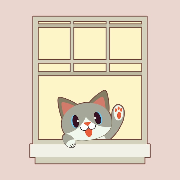Vector the character of cute cat with window in flat   style. doodle illustation
