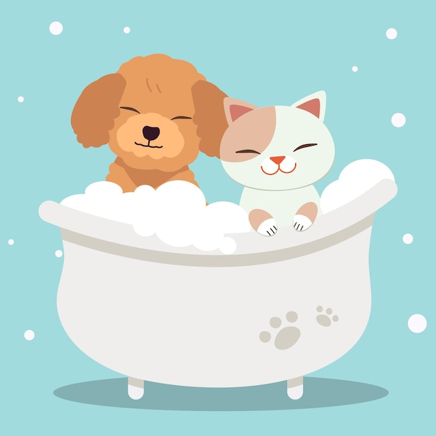 The character cute dog and cat taking a bath with bathtub they look very happy in flat vector style