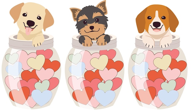 The character of cute dog gaps a jar with the heart in flat vector style