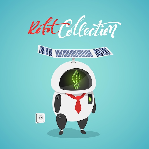 Character cute in flat style. Funny cartoon robot concept eco powered by solar panels.