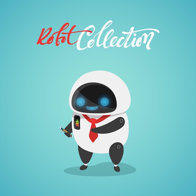 Character cute in flat style. Funny cartoon robot with phone.