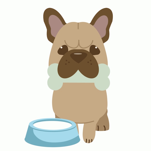 The character of cute french bulldog bike a bone and have bowl of milk near of dog.