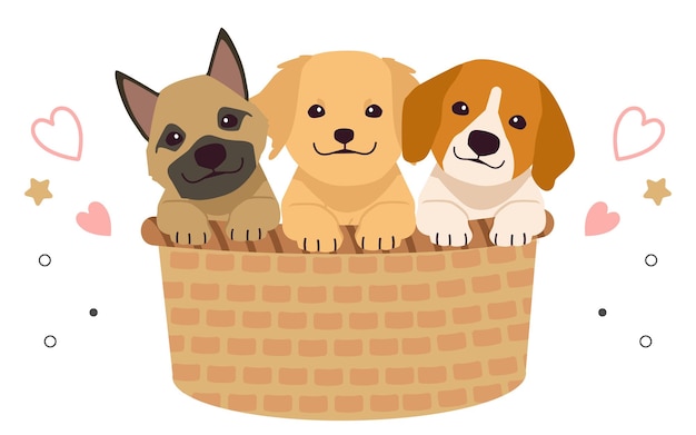 Il simpatico bulldog francese del personaggio seduto nel cesto grande con uno stile vettoriale piatto