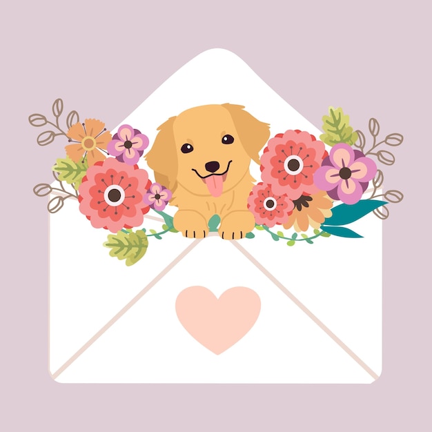 The character of cute golden retriver dog sitting in the letter in flat vector style