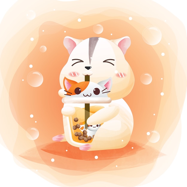 The character of a cute hamster with pearl tea cat.