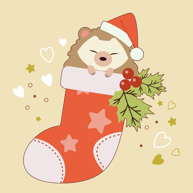 The character of cute hedgehog sitting in the sock with holly leaves on the yellow background and heart and star.