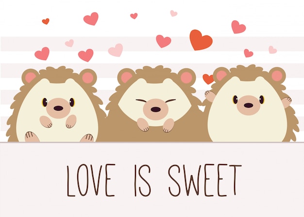 character of cute hedgehog with pattern of heart and text of love is sweet. 